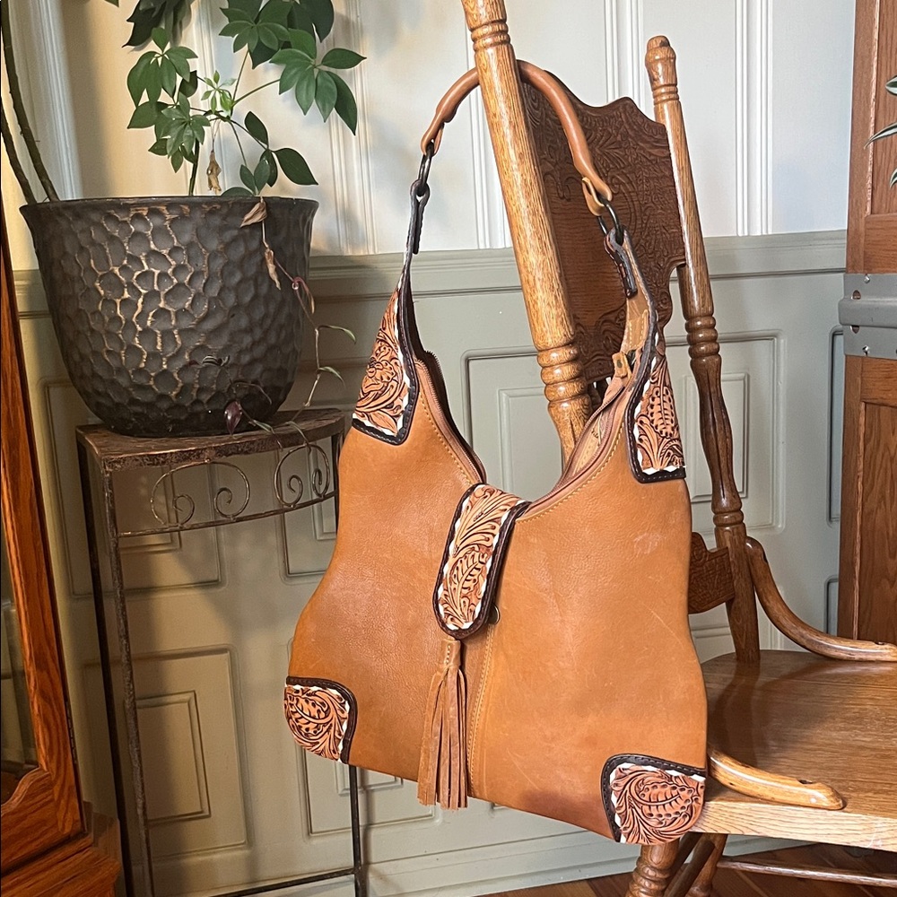 Leather Tooled Accent Cowgirl Bag - See photos